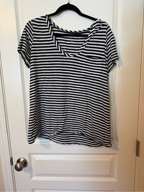 Caslon Black & White Striped V-Neck Pocket Tee Shirt